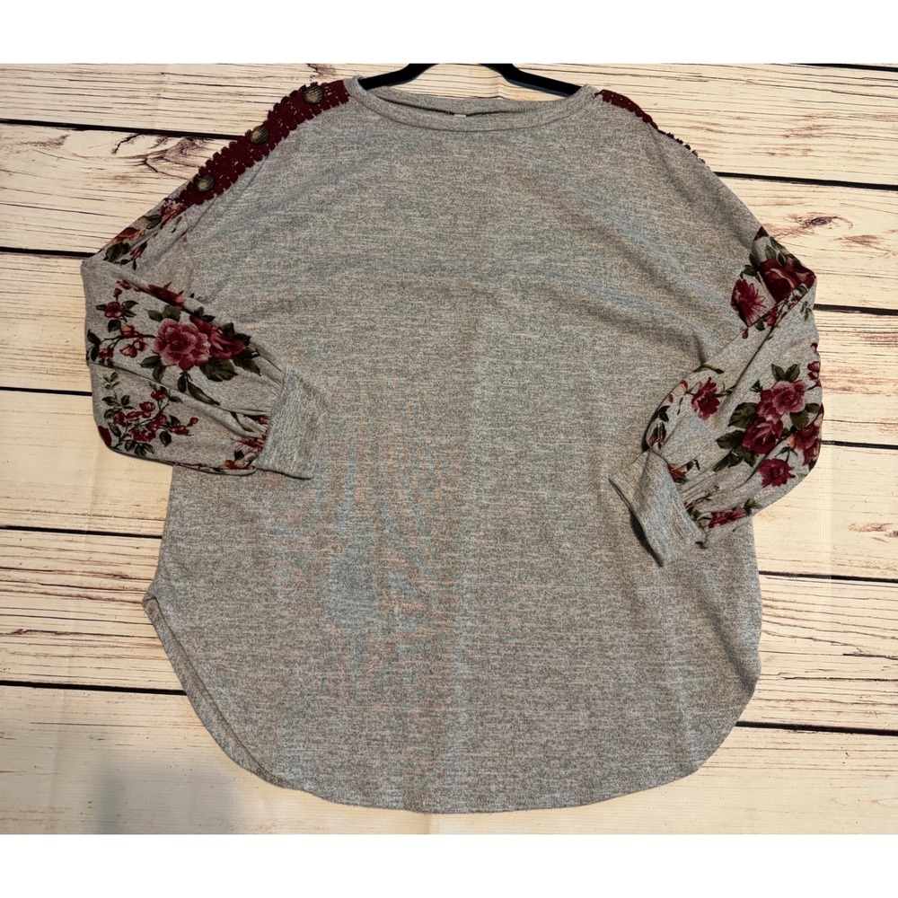 Emerald Gray Floral Lace Shoulder Button Knit Top Plus Size 3X